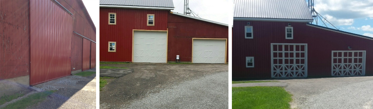 (1) The original wood door of a barn; (2) Installed Amarr Classica steel doors; (3) The finished product - custom-painted Amarr Classica steel doors (Photos (c) Karen Frost)