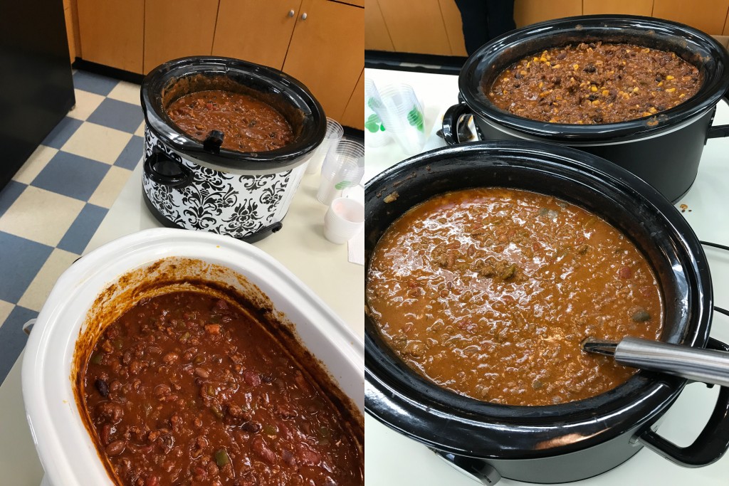 A few of the chilis sampled at the chili cook-off.