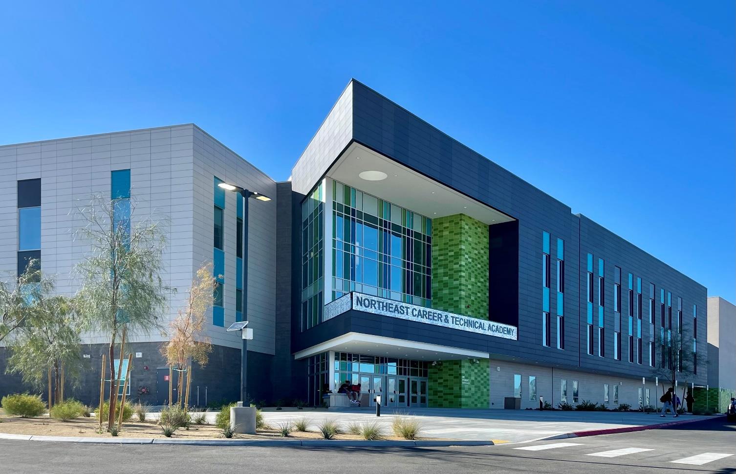 Modern school architecture with large windows and contemporary facade