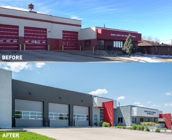 Fire station renovation before and after showing updated doors and facade