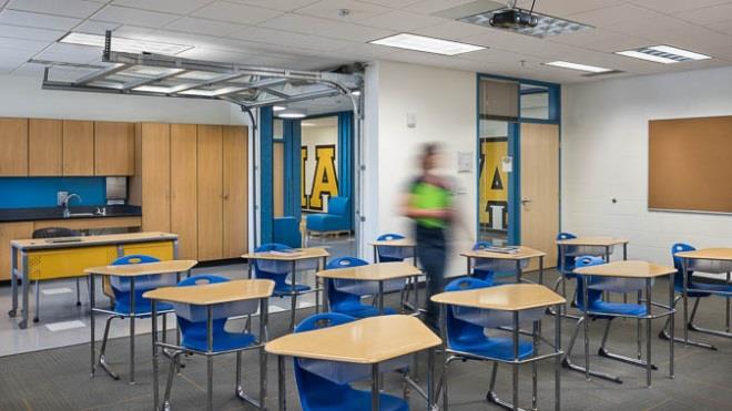 Middle school classroom with desks and full-view door system
