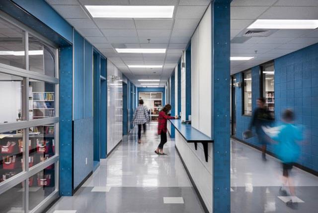 School corridor with glass doors and modern interior design