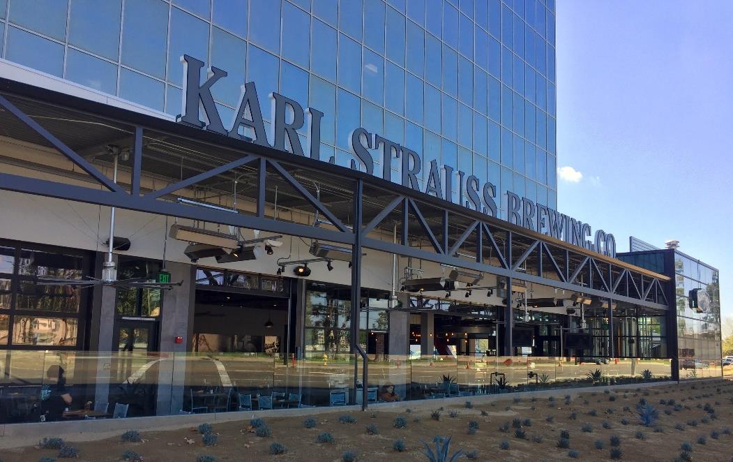 Karl Strauss Brewing Company exterior with large aluminum full-view doors