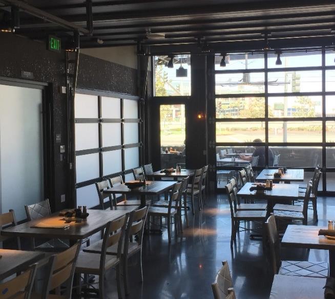 Restaurant dining area with industrial design and glass door system