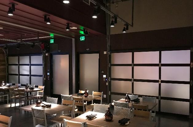 Karl Strauss Brewing Company illuminated exterior with glass doors at night