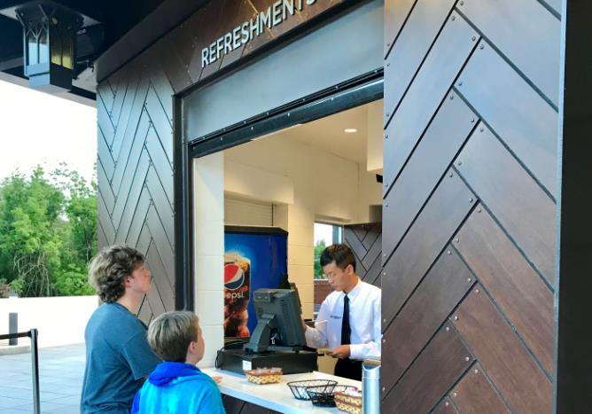 Concession stand with rolling steel counter door at university arts complex