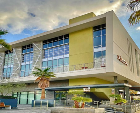 Mid-century modern commercial architecture with aluminum window wall system