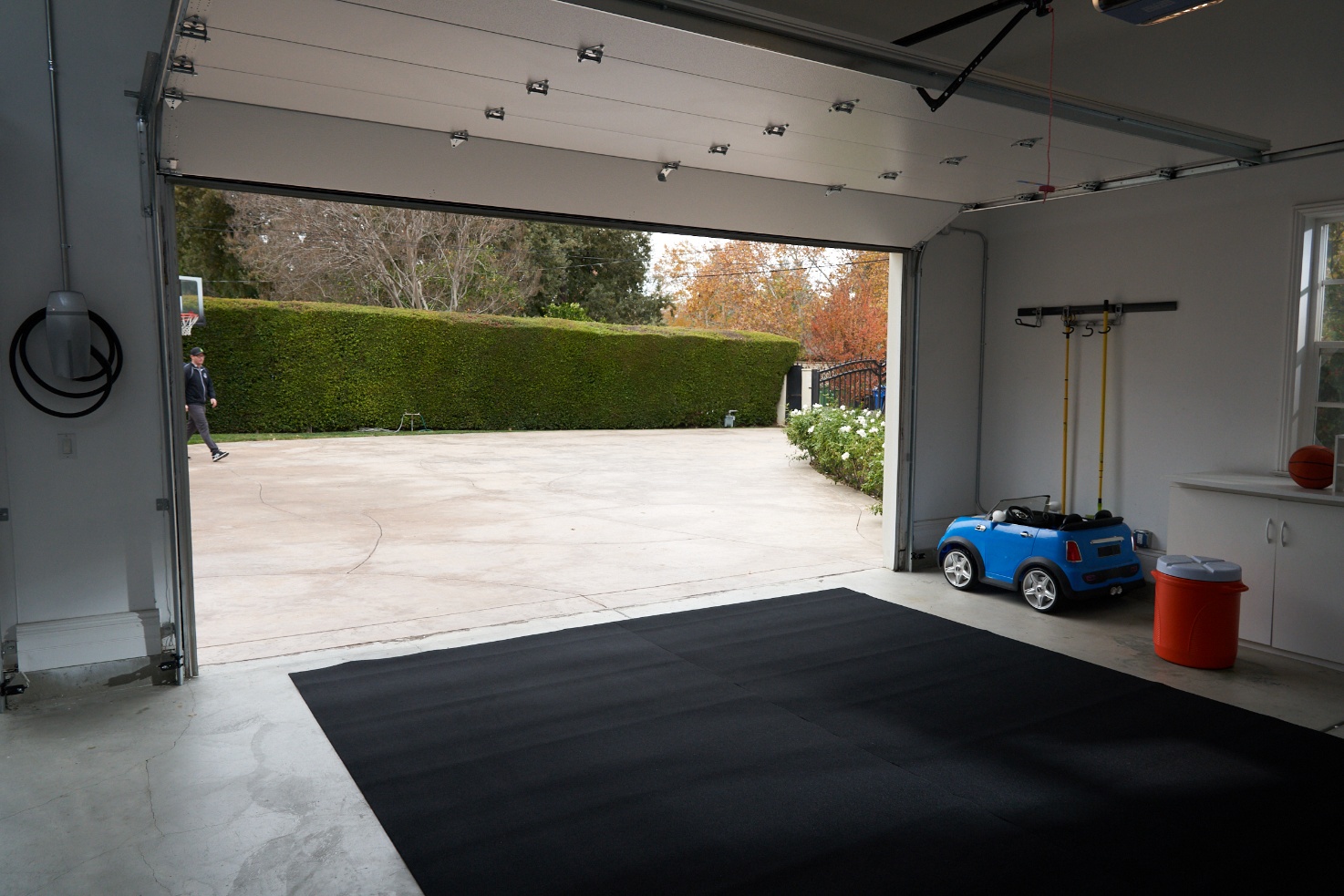 Smart home ecosystem graphic  Apple CarPlay, Android Auto, Amazon logos alongside myQ