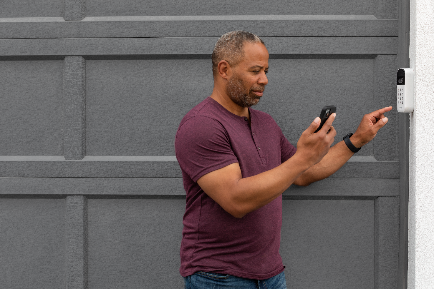 myQ app UI on smartphone  open/close toggle, activity log, push notification